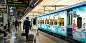 Powerwood exterior train branding advertisement