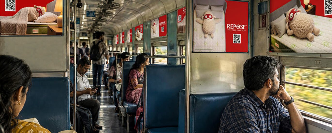 Interior train branding with QR code advertising inside an Indian Railways coach