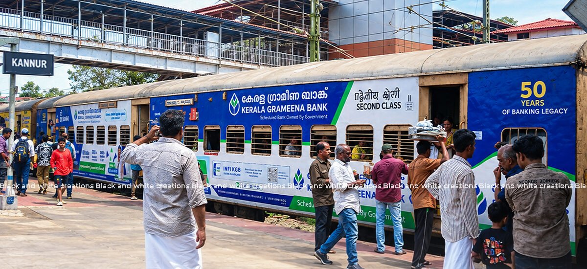 Exterior train branding in India showcasing railway advertising for businesses.