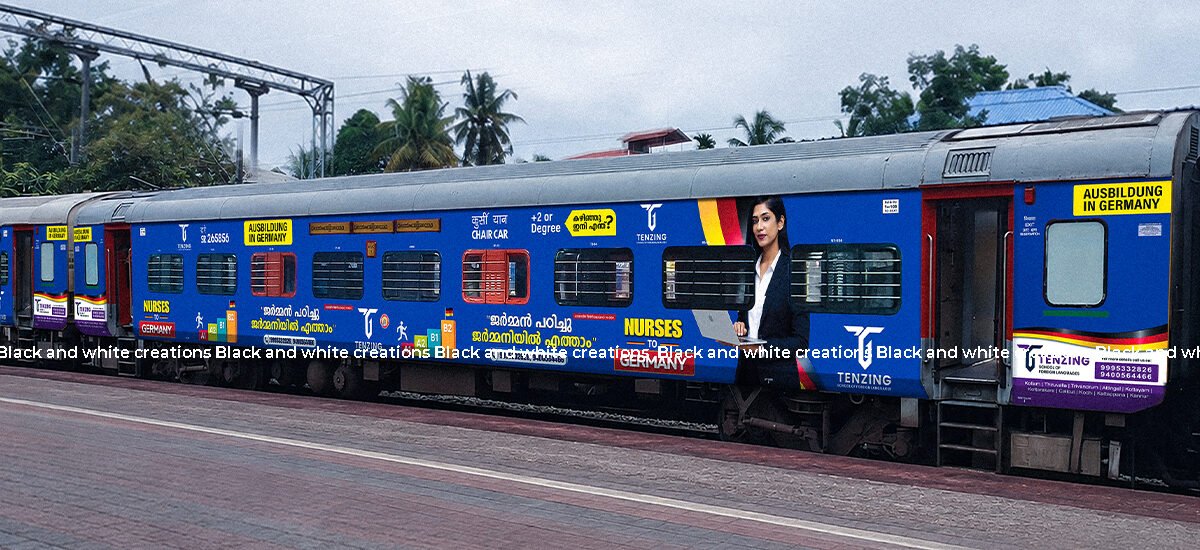 Train branding in India in 2026 featuring exterior train wraps and interior railway coach advertising.