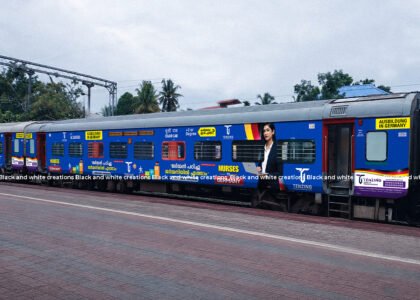 Train branding in India in 2026 featuring exterior train wraps and interior railway coach advertising.